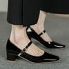 Fashion Women's Shoes 2024 Hot Sale One-word Buckle Women's Pumps Autumn Square Toe Solid Mary Jane Chunky Heels Shallow Mouth Pumps