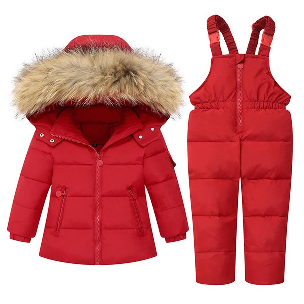 1-6 Years Kids Girls Boys Snow Wear Winter Hooded Puffer Jacket Outerwear and Bib Pants Two Piece Snowsuit Outfits