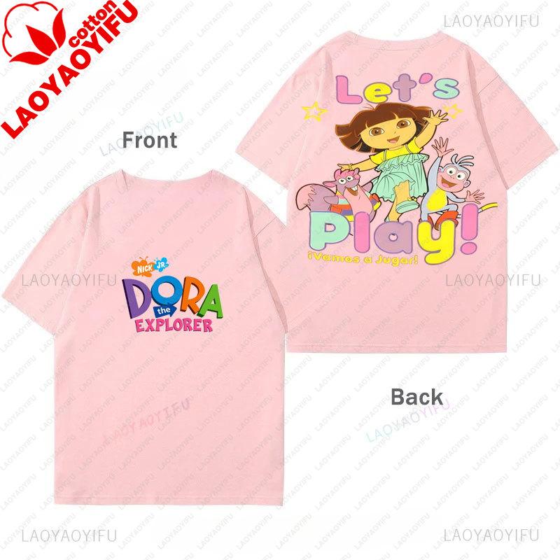 Dora Kids Cothes Cartoon Print ShortSleeved Boys And Girls Cotton TShirt Double Size Printed Tees Y2k Clothes