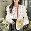 VONDA Женские осенние блузки с круглым вырезом и длинным рукавом в горошек на шнуровке