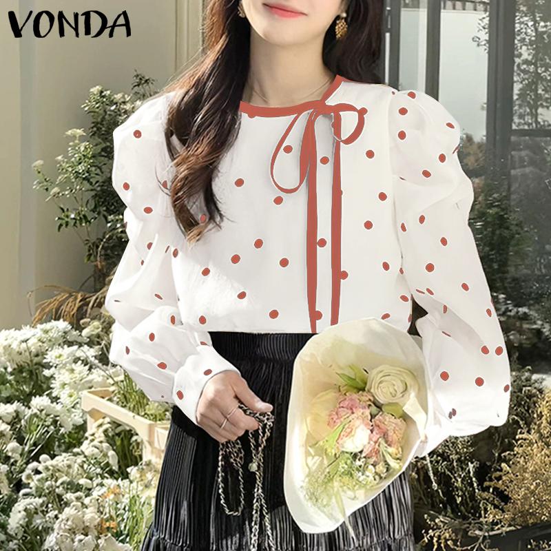 VONDA Женские осенние блузки с круглым вырезом и длинным рукавом в горошек на шнуровке