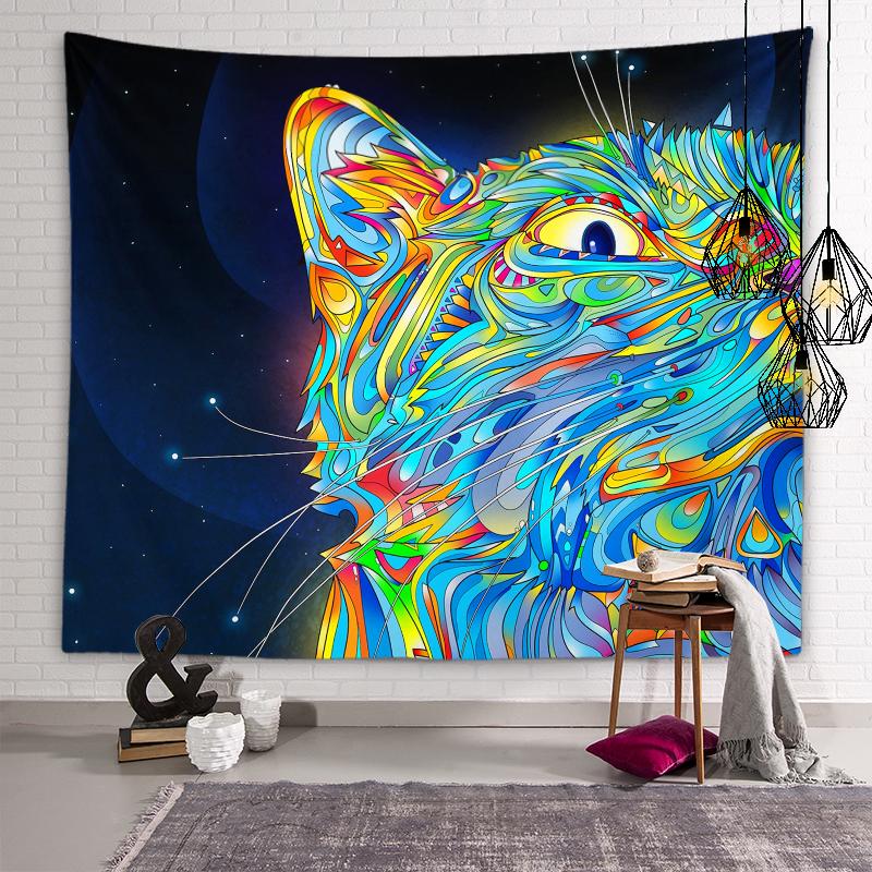Индивидуальный красочный гобелен с котом, психоделический геометрический мандала, настенный художественный гобелен, хиппи, богемный гобелен, домашний декор для комнаты