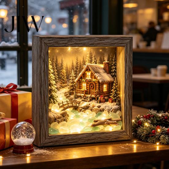 Winter Birthday Present Christmas Snowy Night Light Picture Frame, Vintage Wooden Frame 3D Mini Retro Wood Photo Landscape Lamp, Desktop Atmosphere
