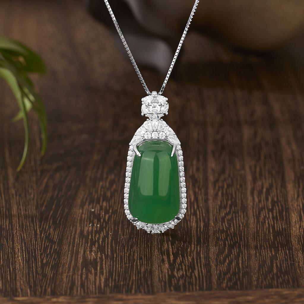 Серебряная подвеска-плакетка S925 с инкрустацией натуральным халцедоном «Пин Ань», Роскошная цепочка на ключицу в национальном стиле с нефритовым кулоном для женщин