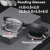 Fashion Luxury Photochromic Multifocal Reading Glasses Men's Business Square High-definition Anti Blue Light Presbyopia Glasses