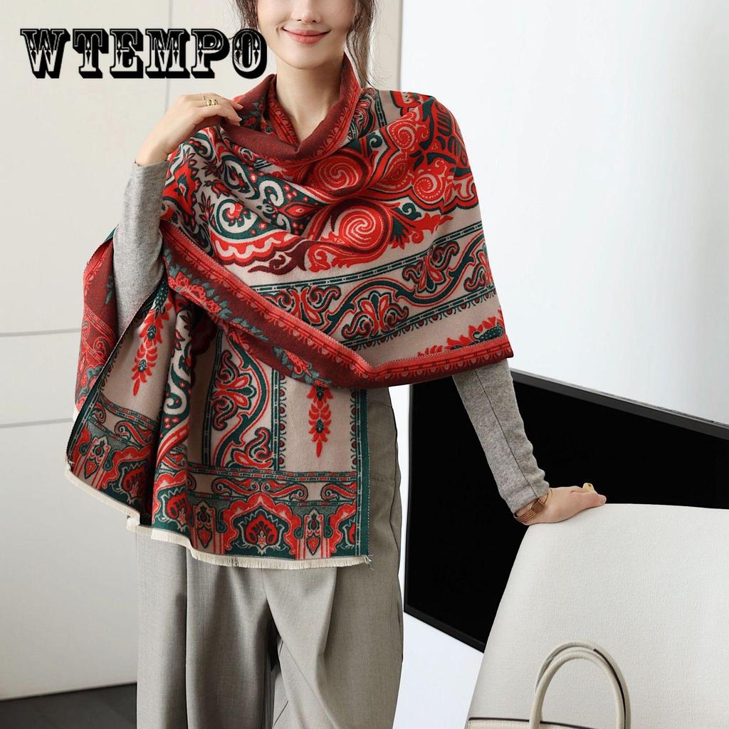 Women's Vintage Floral Jacquard Scarf - Imitation Fleece Thick Windproof Shawl Wrap, Soft Warm Winter Scarf with Botanical Print for Casual Travel