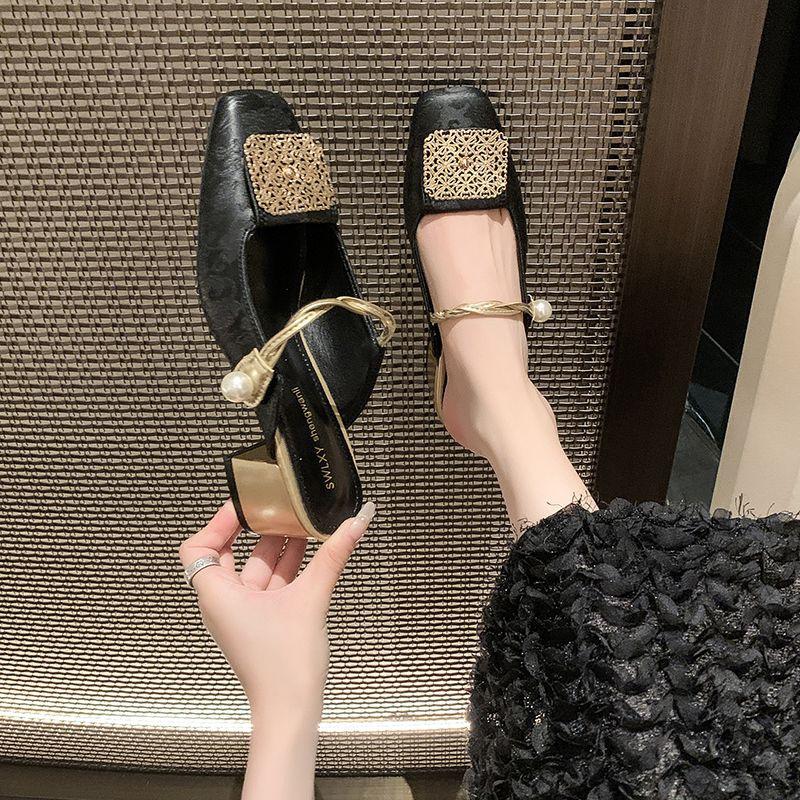 Мода Ретро Летняя Мода Элегантные Сандалии Женские Смешанные Цвета Квадратный Носок Балетки Мэри Джейн На Все Случаи Удобные Для Поездок Высокие Каблуки