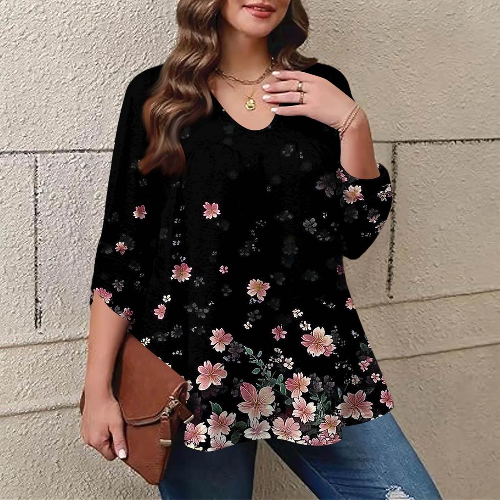Women's Plus Size Fashion Printed Casual Pleated Round Neck Long Sleeve Top