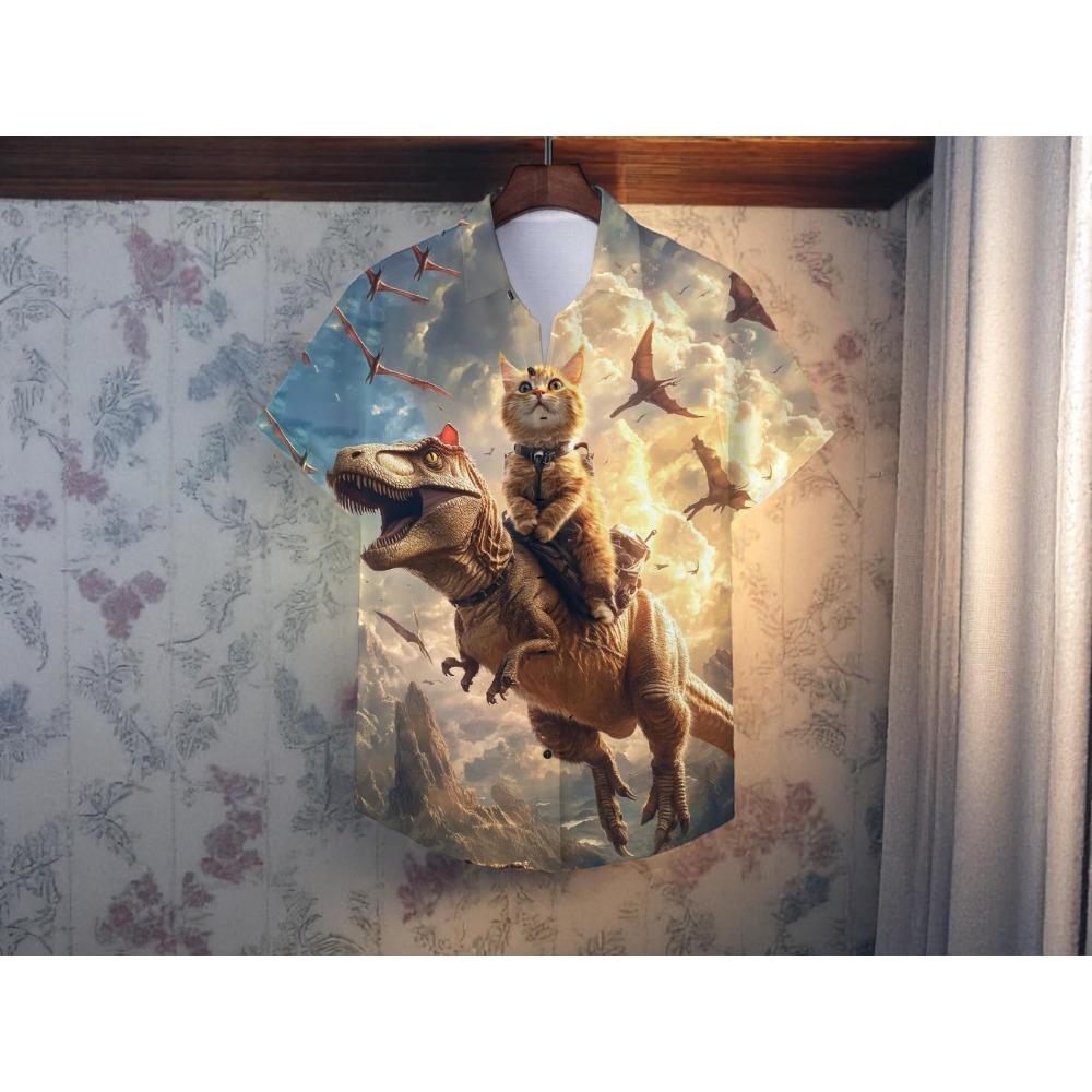 New Funny Cat Riding T-Rex Dinosaur Hawaiian Shirt For Men Fantasy Pterosaur Print Short Sleeve Beach Shirts Unisex Clothing