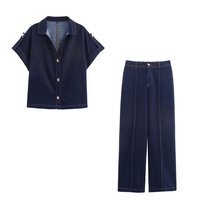 Kaslead New Women clothes Western Style Fashion Short sleeve Demin shirt Trousers 4083231 4083232