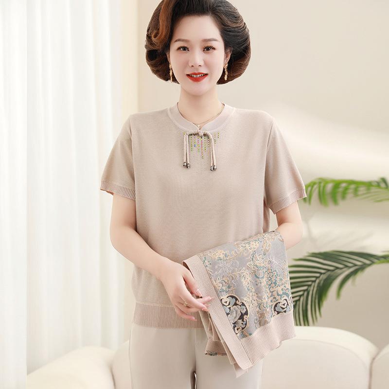 Комплект из двух предметов: свитер для осени для женщин среднего возраста, тонкий, в новом китайском стиле, платье для бабушки