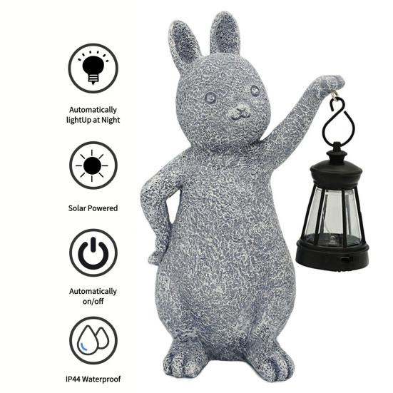 Садовая статуя кролика со светодиодной лампой IP44, водонепроницаемая, с автоматическим включением/выключением, лампа на солнечной энергии, полимерная скульптура кролика, украшение для газона