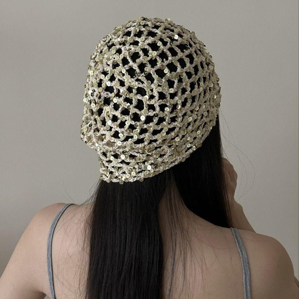 Y2k Sequin Bucket Hat Vintage Beanie Hats Fashion Sequin Woven Cap Summer