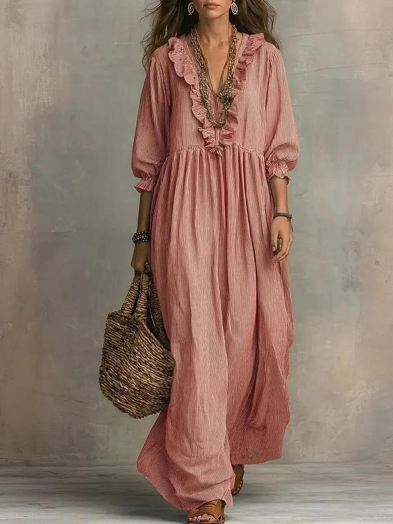 Новое свободное платье в полоску с рюшами, высокой талией и V-образным вырезом