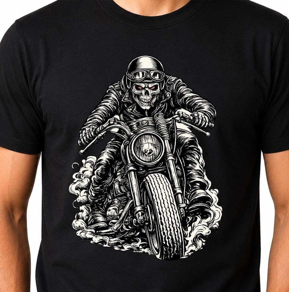 Skull Biker Motorcycle Graphic Cafe Racer Vintage Rider Gothic Skeleton Tee.