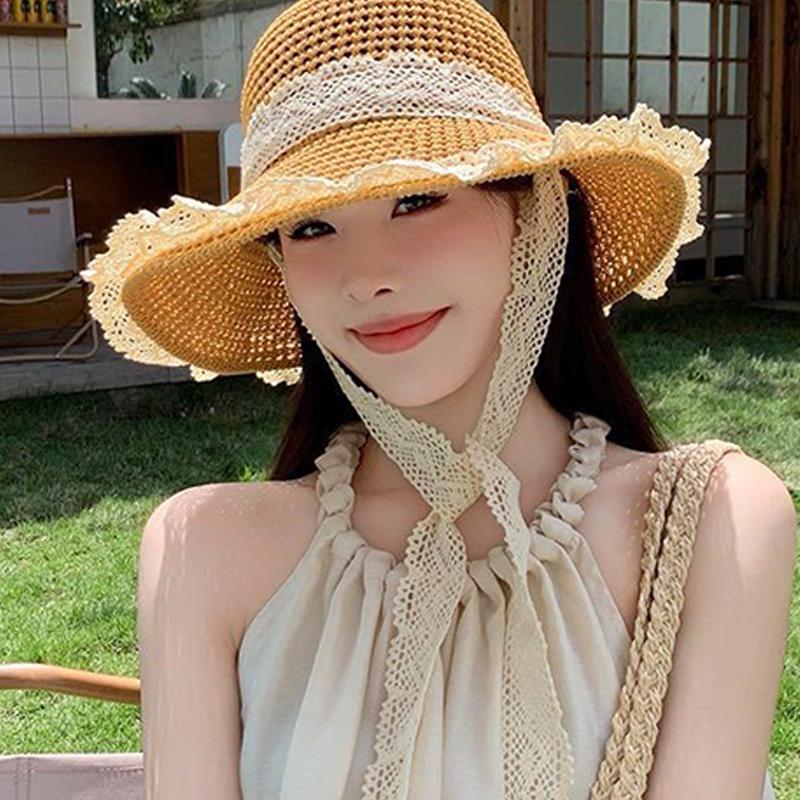 Соломенная шляпа женская кружевная шляпа рыбака с ремешком из кружева защита от солнца полая дышащая шляпа от солнца дорожная шляпа от солнца на море