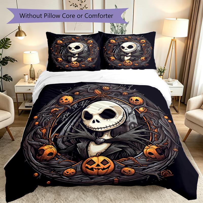 3pcs Halloween Jack Sally Skull Duvet Cover Set for Dorm Room Guest Room Decor, Soft Breathable, Not Comforter Set