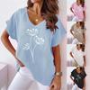 2023 Summer European and American Plant Flower Print V-neck Cotton Linen Casual T-shirt for Women