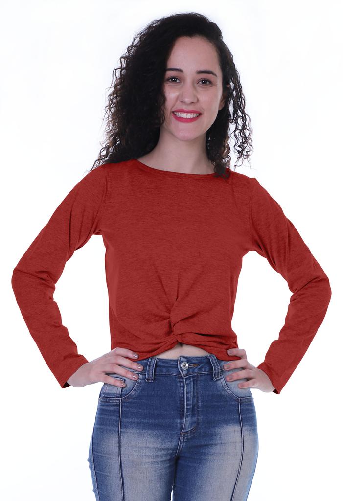 Moomaya Womens Full Sleeves Front Knot Crop Top Summer Tshirt Plain Tee Tops