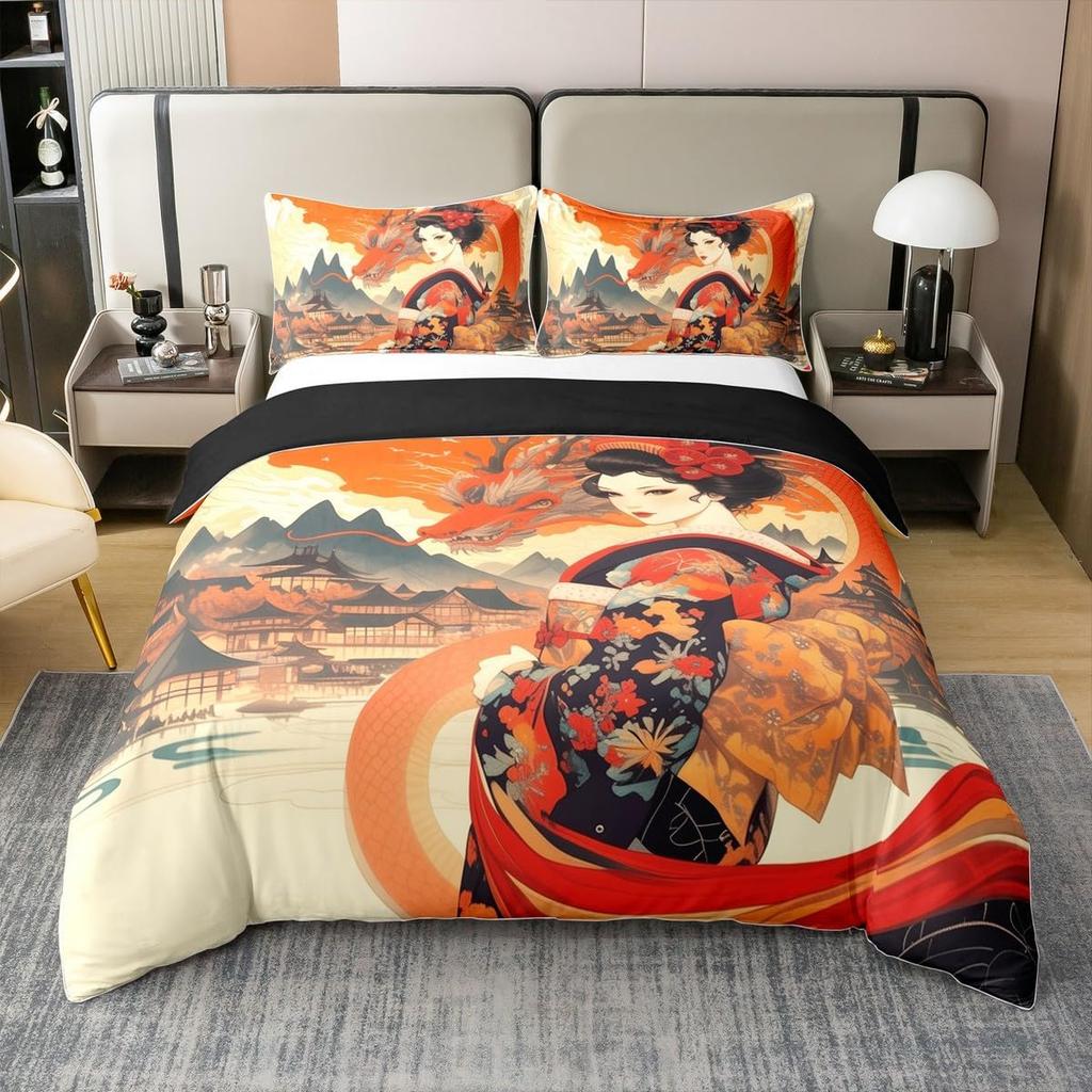 Japanese Ukiyoe Theme Duvet Cover Queen King Size Printed Bedding Set Kids Bedroom Decor Japanese Style 3 Pcs With 2 Pillowcases