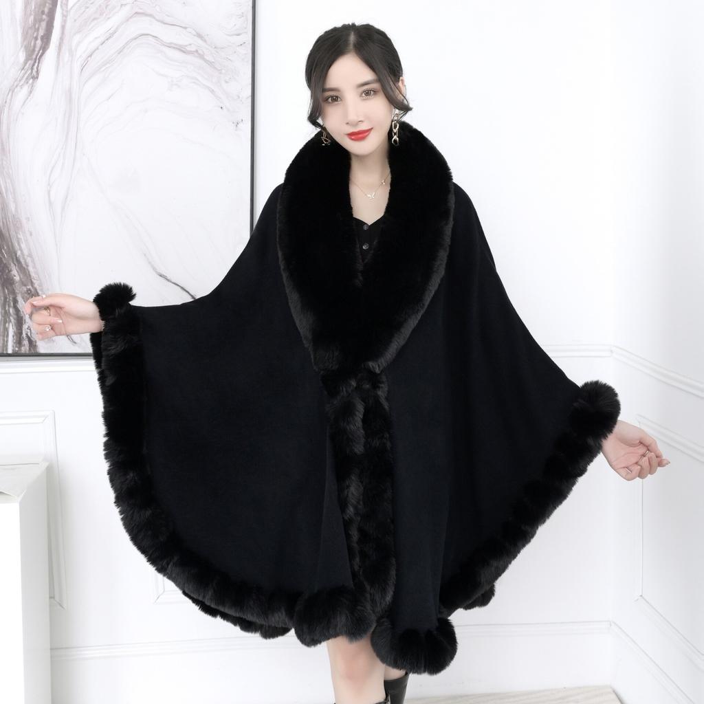 16 Colors Women String Rabbit Fur Collar Outstreet Wear Winter Thick Poncho Cardigan Long Cloak Big Pendulum Loose Shawl Coat