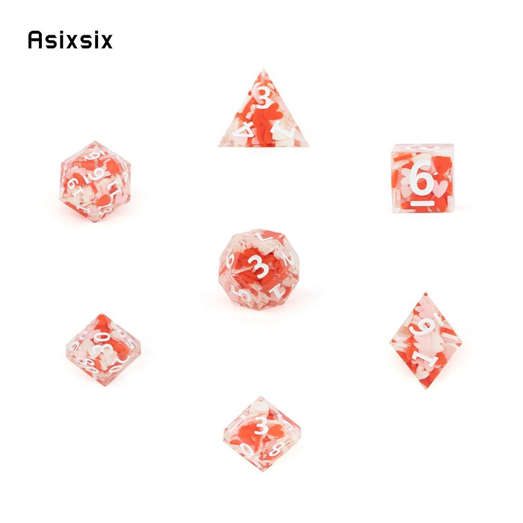 7 Pcs Red Loving Heart Resin White Number Sharp Dice Polyhedral Dice Suitable for Role-Playing RPG Board Game