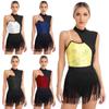 Womens Sleeveless Latin Dance Leotard Shiny Sequins Contrast Color Fringed Bodysuit for Dance Party Stage Performance