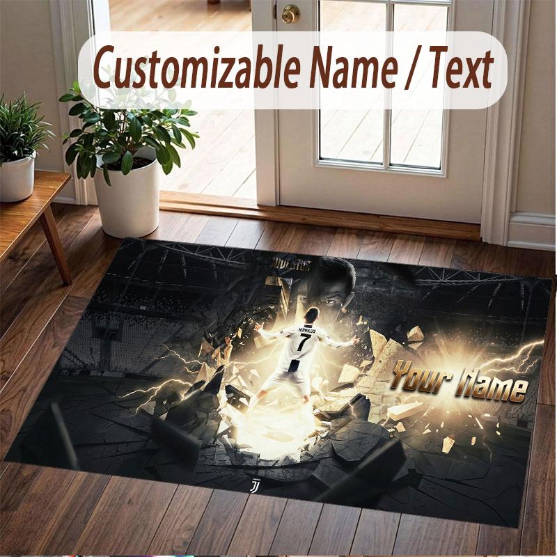 Custom Rug Cristiano Ronaldo Pattern Print Name Text Soft Non‑Slip Floor Carpet for Home Indoor Decoration