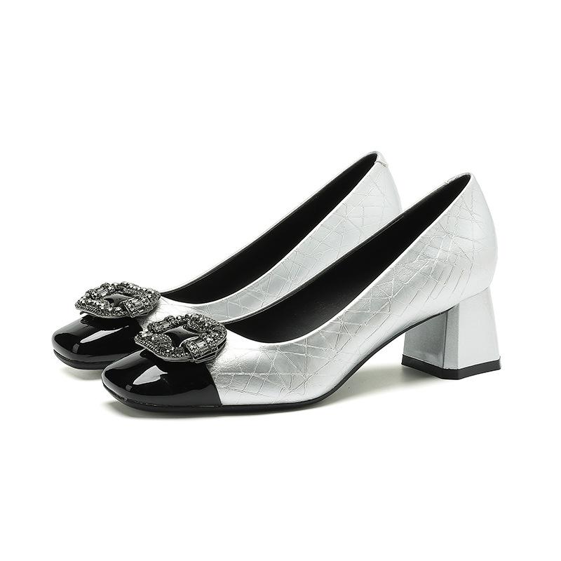 5299-A3 Color Matching Medium Heel Square Buckle Rhinestone Single Shoes Fairy Style Square Head Thick Heel Light Mouth Professional High Heels 5CM