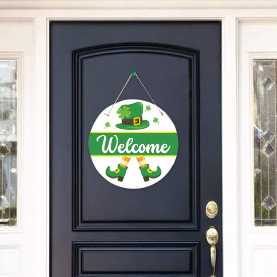 St. Patrick's Day Welcome Door Sign Irish Shamrock Top Hat Plaid Paper Door Hanging Sign Front Door Hanger Decoration Decorative Wall Plaque