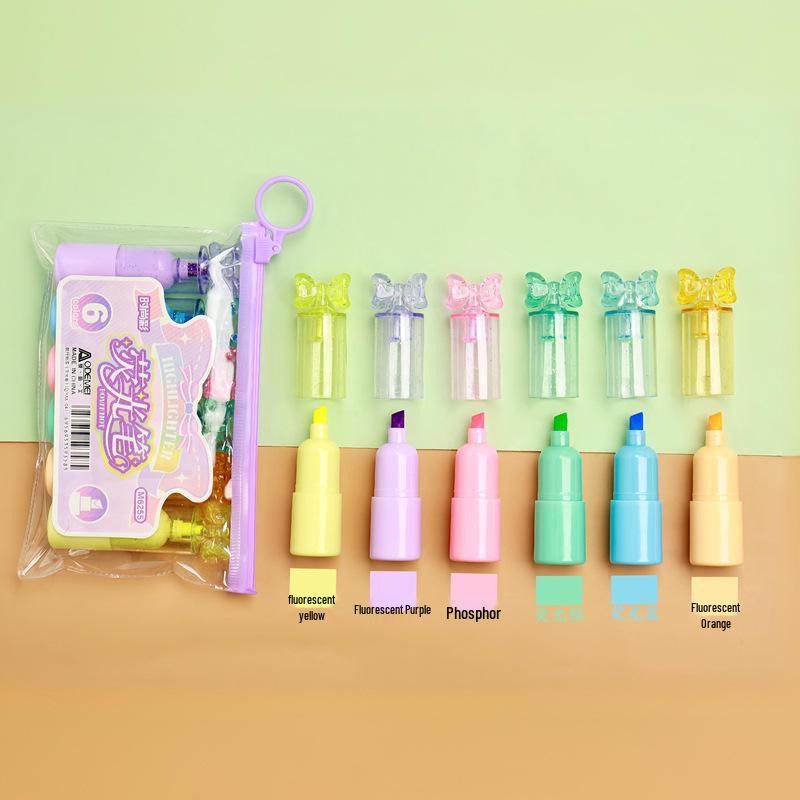 Set of 6 Mini Fluorescent Pens - Cute Cartoon Design, Perfect for Elementary Students. Small, Portable, and Colorful Highlight Markers.