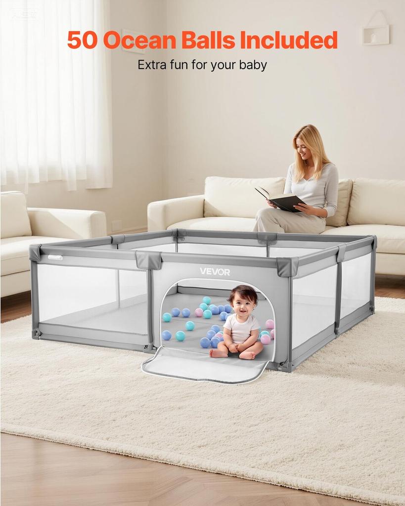 Baby Playpen, 2000 x 1490mm Large Toddlers Playpen, Indoor/Outdoor Baby Fence Play Yard with 50 Ocean Balls, Zippered Door & Breathable Mesh, No-Gap
