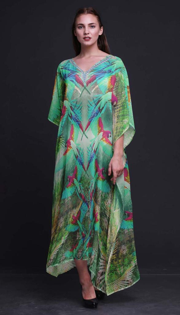 Phagun Branch & Colorful Parrot Bird Long Caftan Maxi Dress Beach Swimwear Cover Up Womens