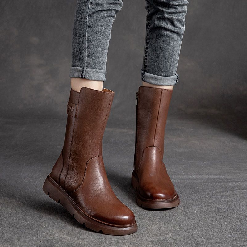 Женские кожаные ботинки, плюшевые сапоги, зимние теплые модные зимние сапоги до середины икры на высоком толстом каблуке, женская обувь