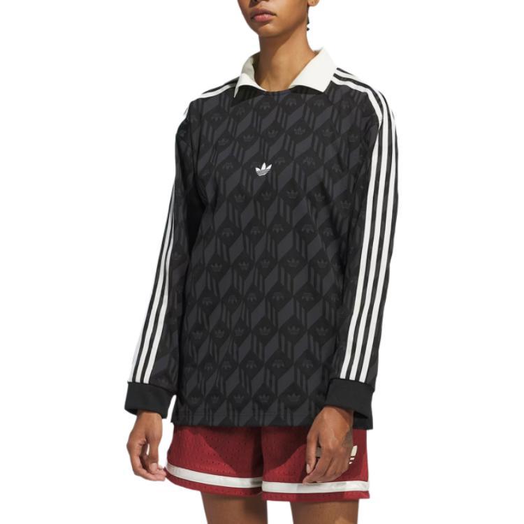 adidas Оригинальная полосатая свободная рубашка поло с длинным рукавом унисекс топы черного цвета JD5196