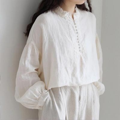Японские винтажные женские топы с оборками и воротником, летние повседневные однотонные блузки с пуговицами нерегулярной формы