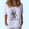 Women Fashion V Neck T-shirt Casual Cotton Linen Short Sleeve Top Ladies Pullover Print Blouse