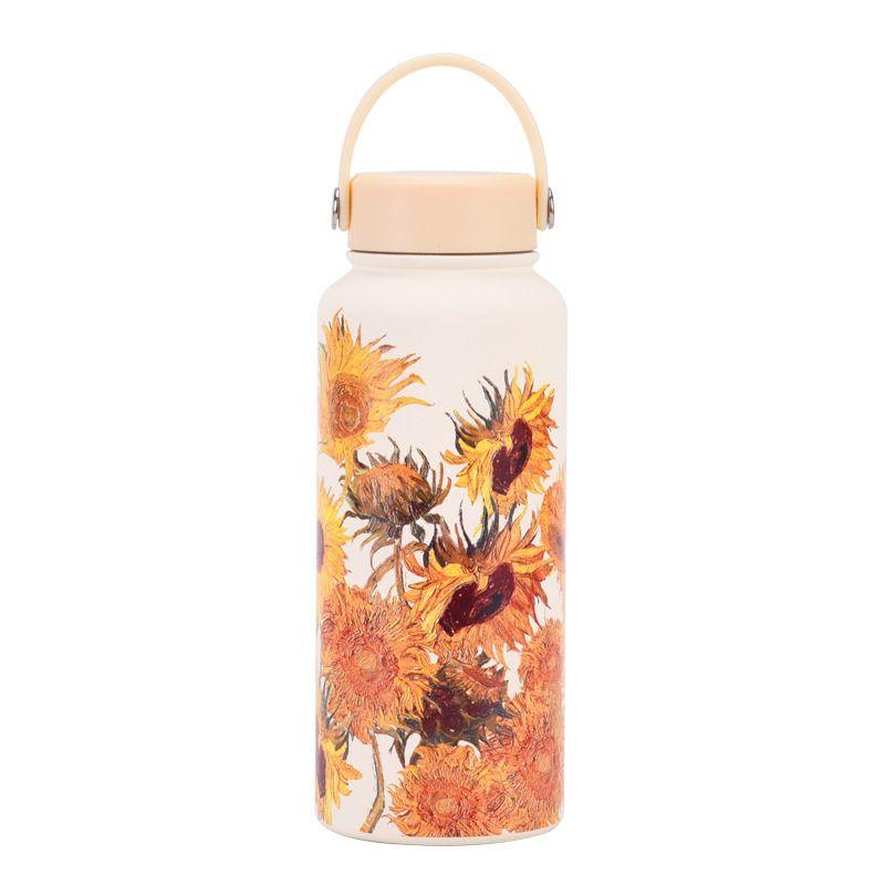 2025 New Model 1L Large Capacity Thermos Cup with Wide Mouth, Portable Handle, Sports Water Bottle, Outdoor Printed Water Cup for Women