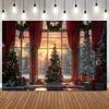 Winter Snow Scenery Outside The Window Photo Backdrop Xmas Tree Wreath Sunshine Forest Gifts Christmas Party Banner Supplies