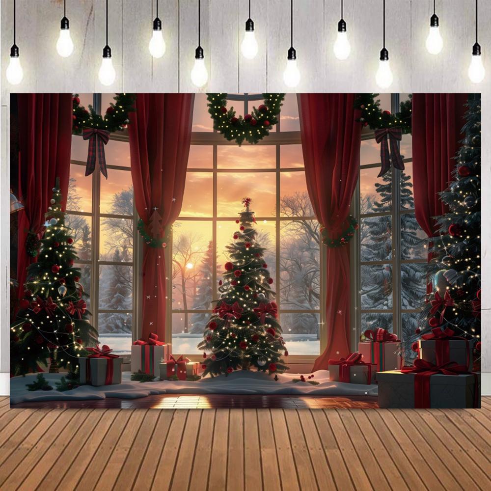 Winter Snow Scenery Outside The Window Photo Backdrop Xmas Tree Wreath Sunshine Forest Gifts Christmas Party Banner Supplies