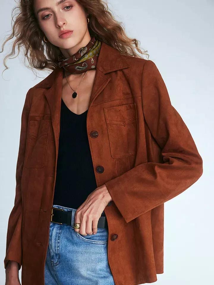 Блейзер Стильный формальный дизайнерский коричневый пиджак из чистой кожи и замши для женщин, ручная работа