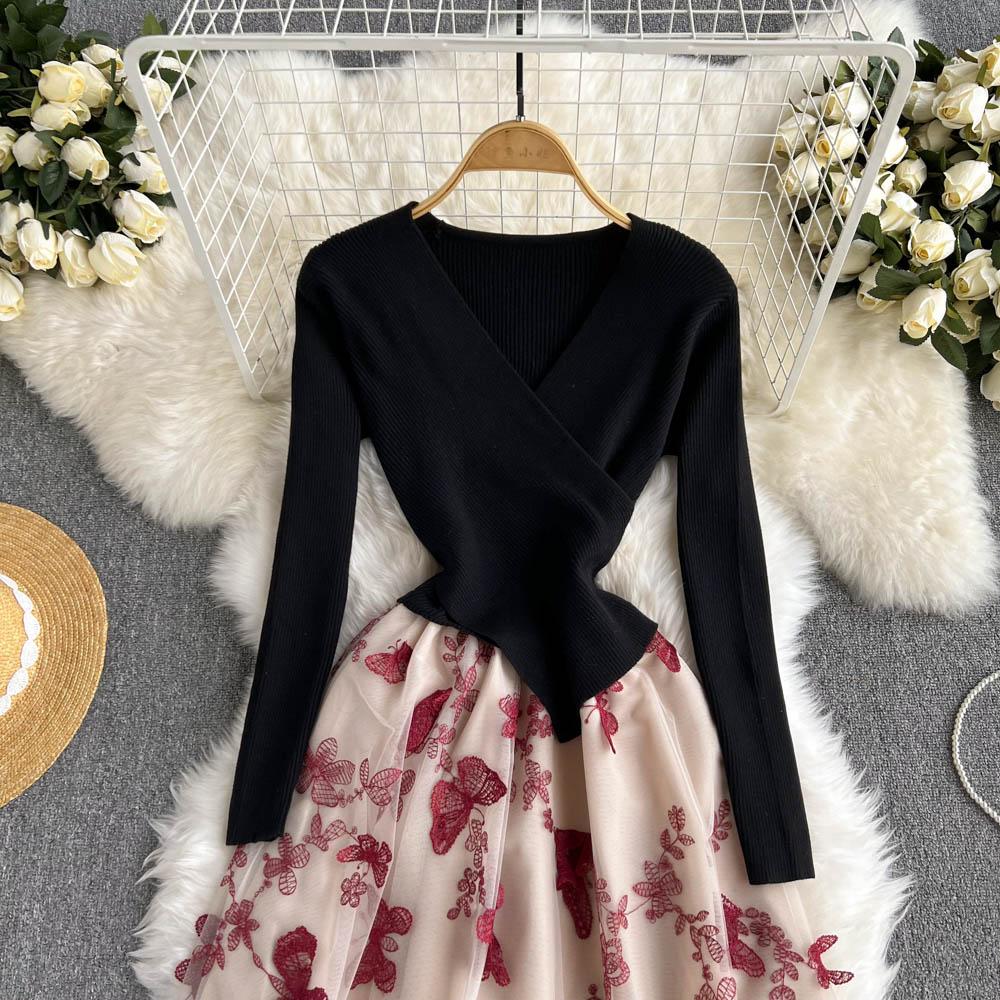 Осень-зима, женский повседневный вязаный свитер, сетчатые лоскутные платья, винтажное вечернее платье миди из тюля с v-образным вырезом и вышивкой-бабочкой