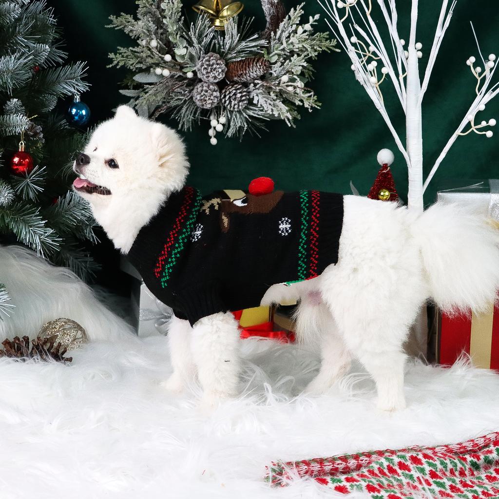 Small Dog Sweater Pet Elk Christmas Sweater Clothes with Fuzzy Pompom for Dogs Cat Pet for Winter Christmas Holiday Breathable S