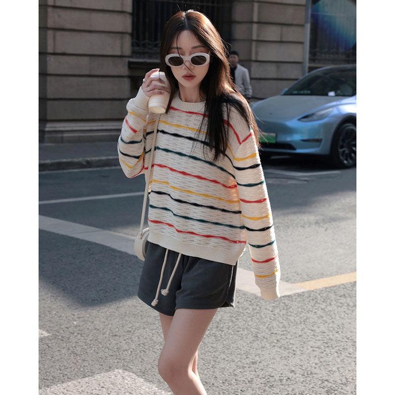 Осенне-зимний женский свитер, радужные свитера, пуловер с принтом тай-дай, длинный свободный полосатый женский вязаный топ с круглым вырезом