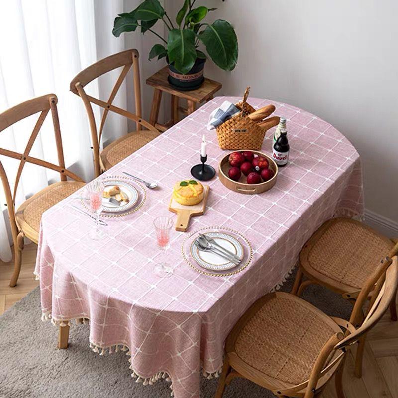 Клетчатая декоративная скатерть с кисточками, водонепроницаемая овальная скатерть, плотная, для свадебного обеда, чая, гостиной, домашнего стола