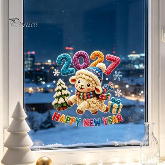 Seasonal Store Decorations Chinese New Year Window Stickers, 2027 Goat Static Clings, Reusable Home Holiday Decor Crochet Knit Lamb Decals,