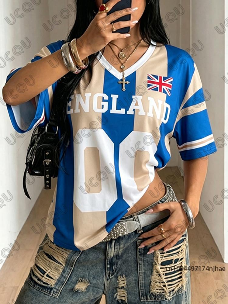 Summer New Stripe England Print T-shirt For Women Short Sleeve Patchwork V-Neck Tees Sports Football Jersey Y2K Oversized Tops