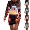 Women's Round Neck Halloween Ghost Print Long Sleeved Hip Hugging Dress, Sanitary Dress