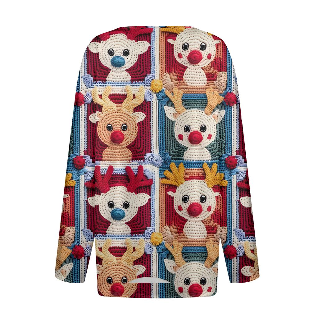 Женская модная повседневная футболка с V-образным вырезом, на пуговицах, с длинным рукавом, с рождественским принтом