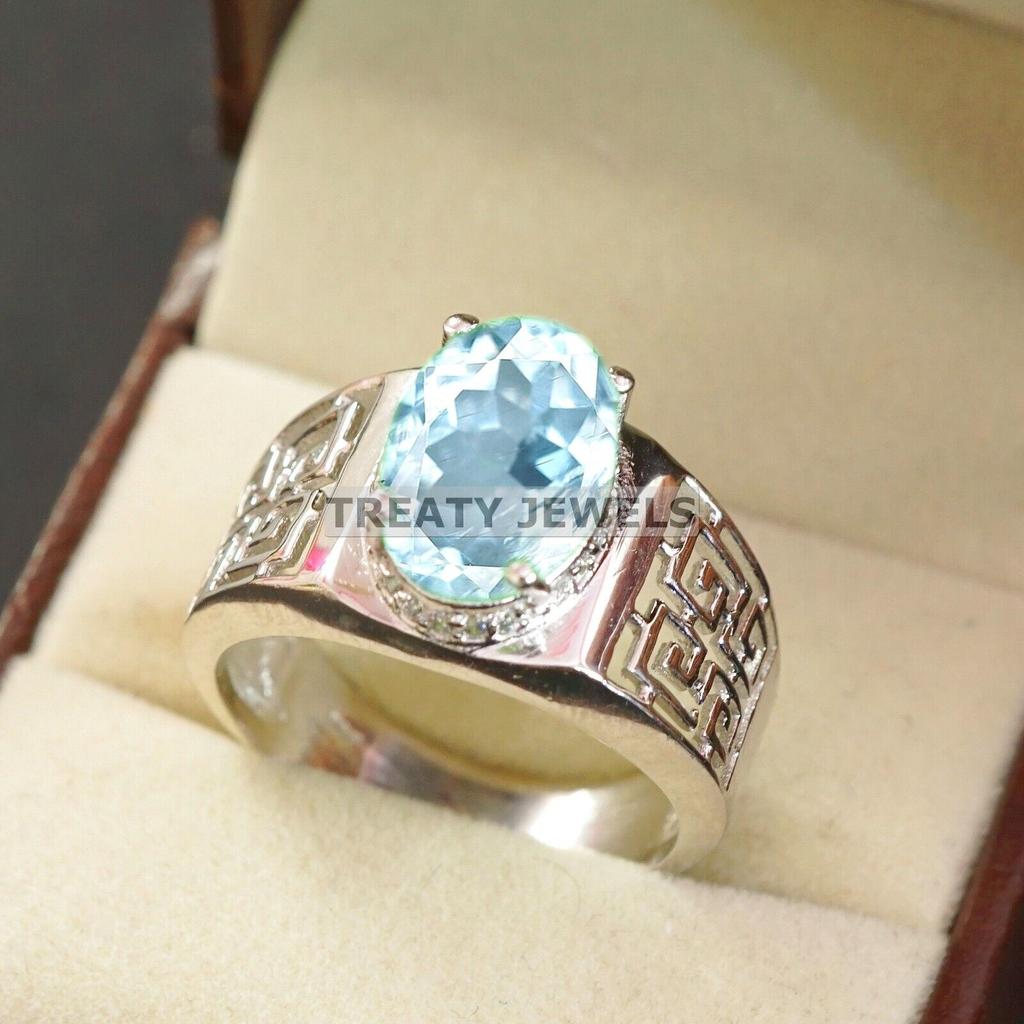 Aquamarine Oval Cut Gemstone With 925 Sterling Silver Ring For Men's #A749 JL375659079154